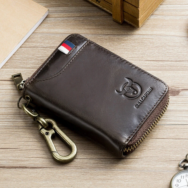 (image for) BULLCAPTAIN Genuine Leather Mens Waist-Mounted Wallet Card & Id Holders Multi-function Key Chain Holders Mini Key Bag Coin Purse Wallet Two-In-One with Gift Box